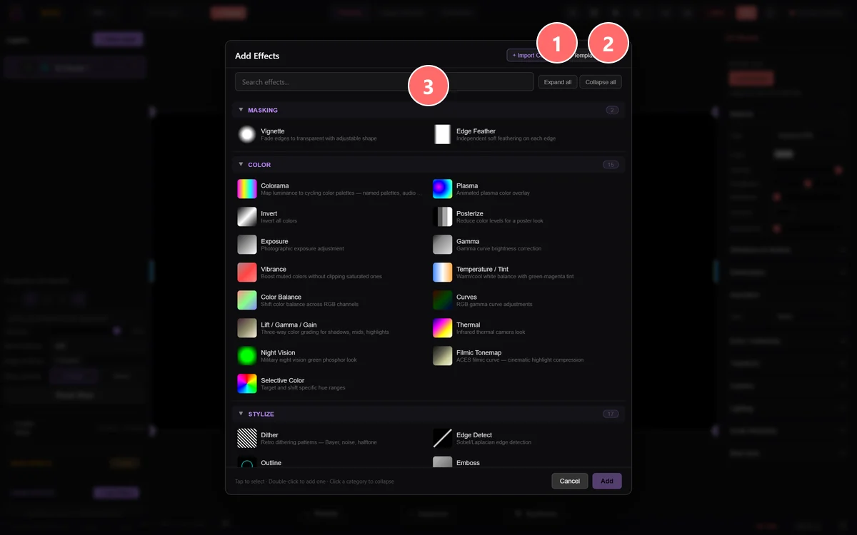Add Effect modal — custom effect import controls