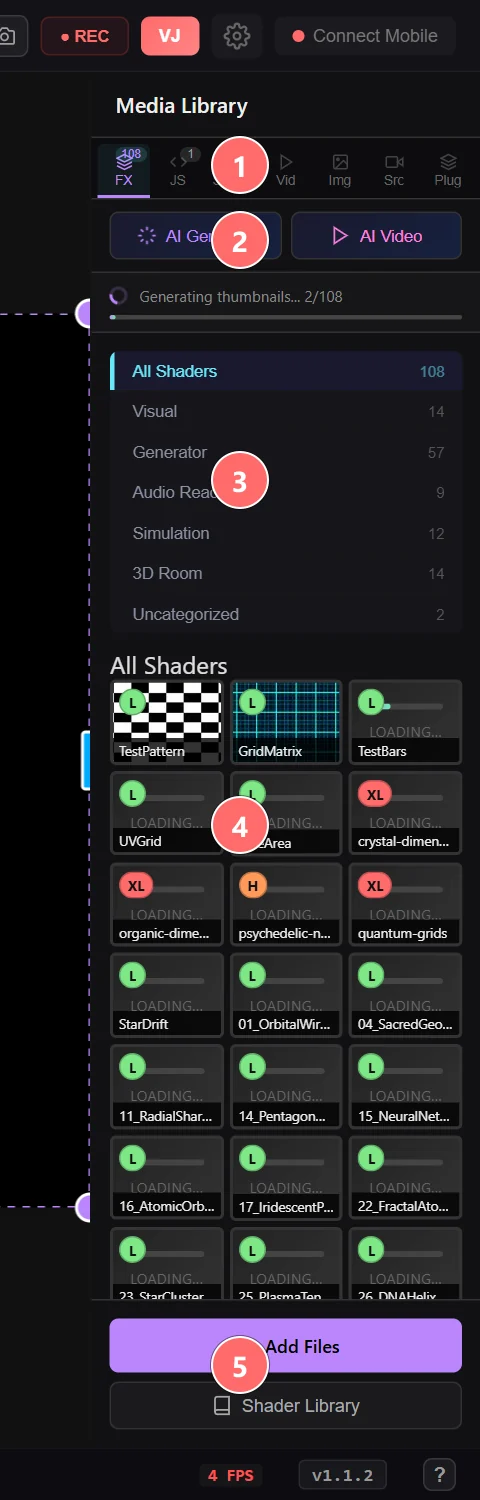 Media Library FX tab — categories and + Add Files entry point