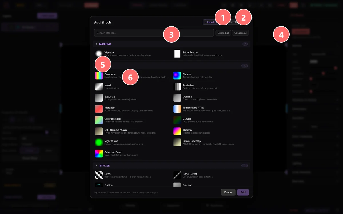 Add Effect modal — searchable effect picker organized by category