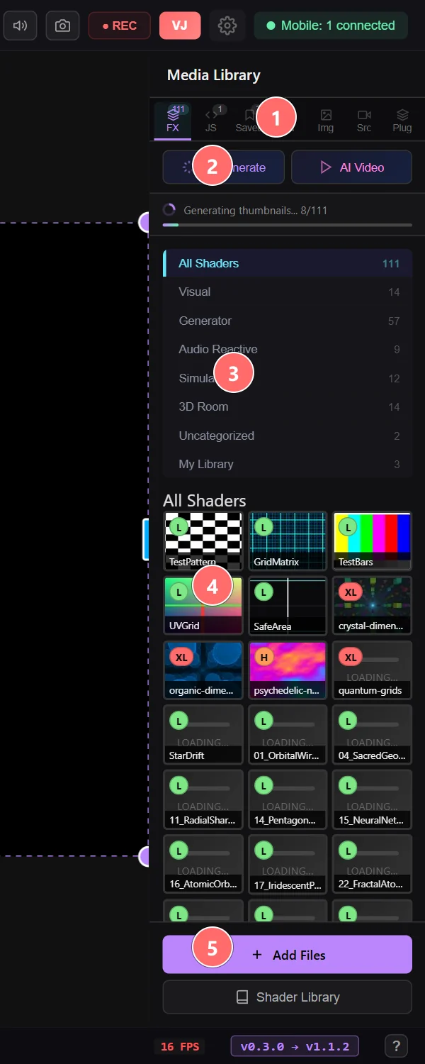 Media Library showing the shader browser