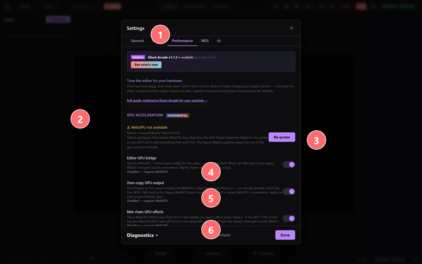 Settings → Performance tab — GPU acceleration controls