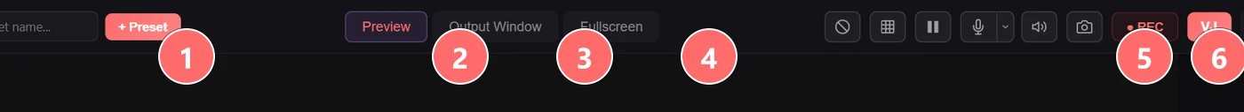 Top toolbar output controls — Preview, Output Window, Fullscreen, REC, VJ
