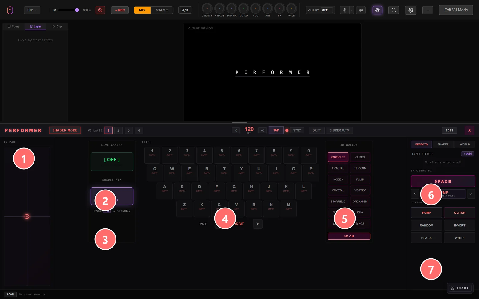 SynthVision Performer mode — keyboard-driven clip triggering with effects, 3D worlds, and macros
