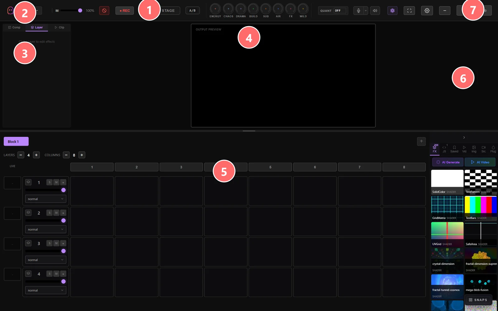 VJ Mode full interface — clip launcher, layer mixer, FX library, output preview