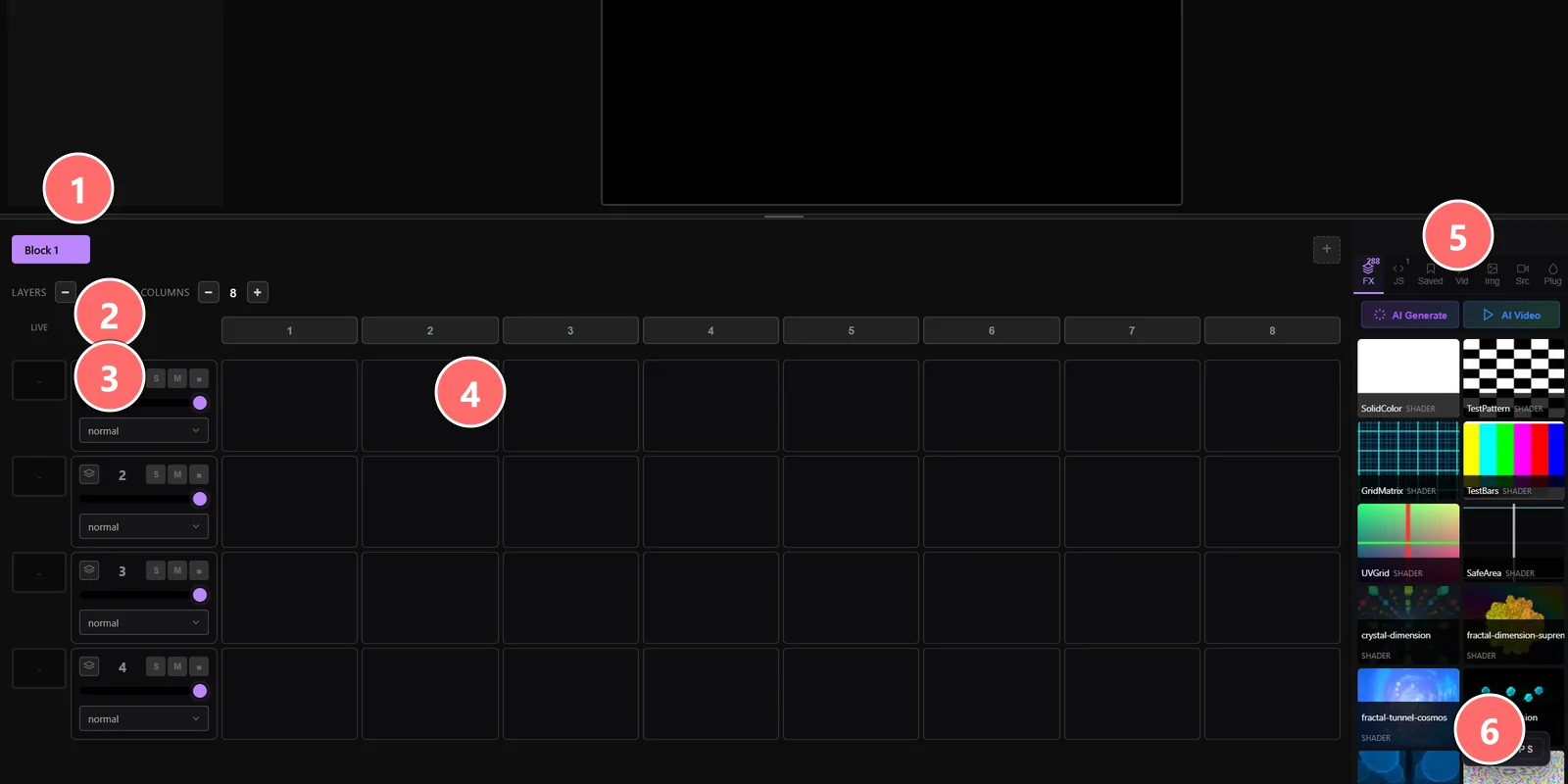 VJ Mode clip launcher grid — 4 layers x 8 columns